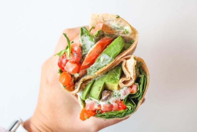 Veggie Wrap · Avocado, sauteed portobello mushrooms, roasted red peppers, spinach, tomatoes, and mariachi sauce all wrapped up in a warm whole wheat tortilla.