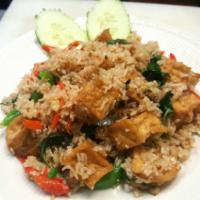 Spicy Fried Rice · Wok fried rice with green beans, onion, carrot, bell pepper, Thai chili and Thai basil.