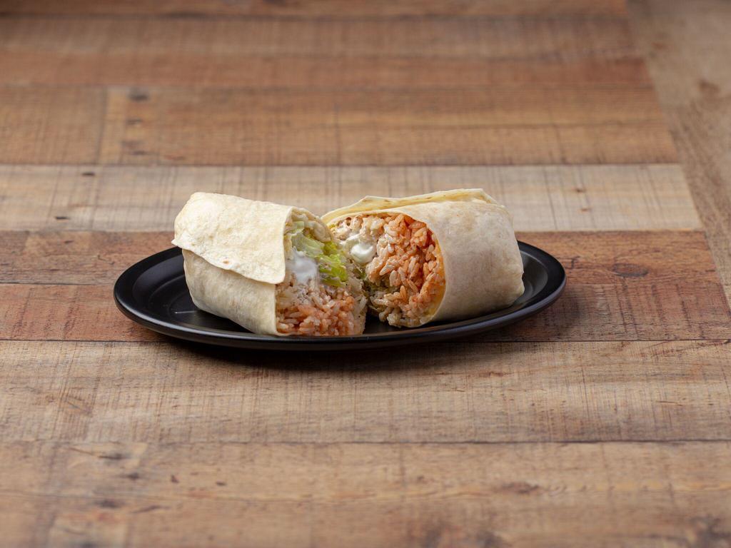 Grilled Chicken Burrito · Marinated with chipotle peppers, lime and spices. A huge stuffed and rolled burrito with choice of beans, lime pepper rice, cheddar jack cheese, salsa, sour cream, chipotle sauce and crisp lettuce.
