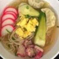 Hawaiian Style Saimin · Saimin noodle, dashi broth, char siu pork, bok choy, pork wonton, kamaboko, egg, and green o...