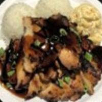 Teriyaki Chicken · Teriyaki marinated chicken thighs. Served with 2 scoops of rice and 1 scoop macaroni salad. ...