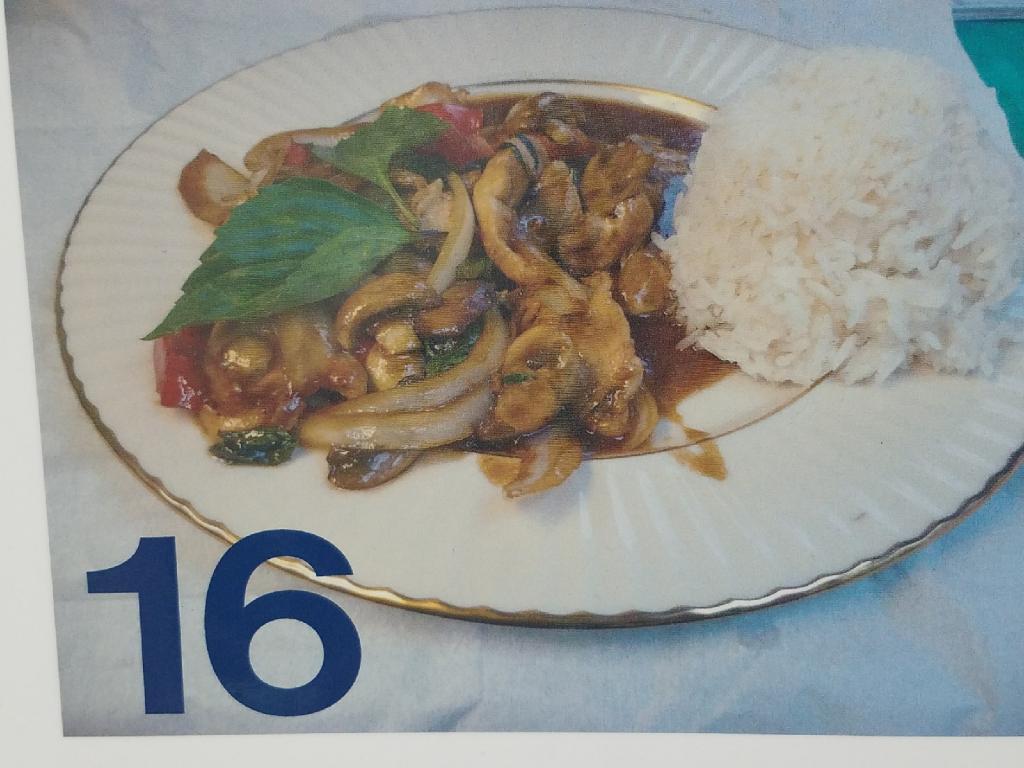16. Spicy Basil · Bell pepper, onion, mushroom, broccoli and basil, stir-fried in spicy sauce.