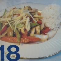 18. Pad Khing · Fresh ginger, onion, mushroom, celery, bell pepper, carrot and black mushroom stir-fried in ...