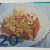 20. Pad Cashew Nut · Bell pepper, onion, carrot, celery, mushroom, and cashew nuts stir-fried in Thai chili paste.
