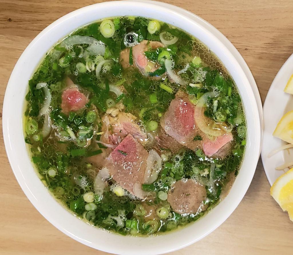 P1. I Love Pho  · comes with a very tender filet mignon steak, flank, brisket, tendon, tripe, and meatball.