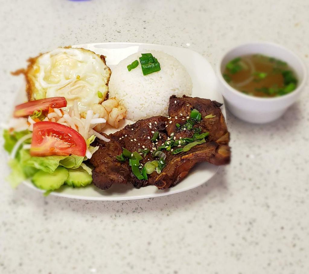 R2. Grilled Pork Chop with Eggs and Shrimps · comes with a side of steamed rice