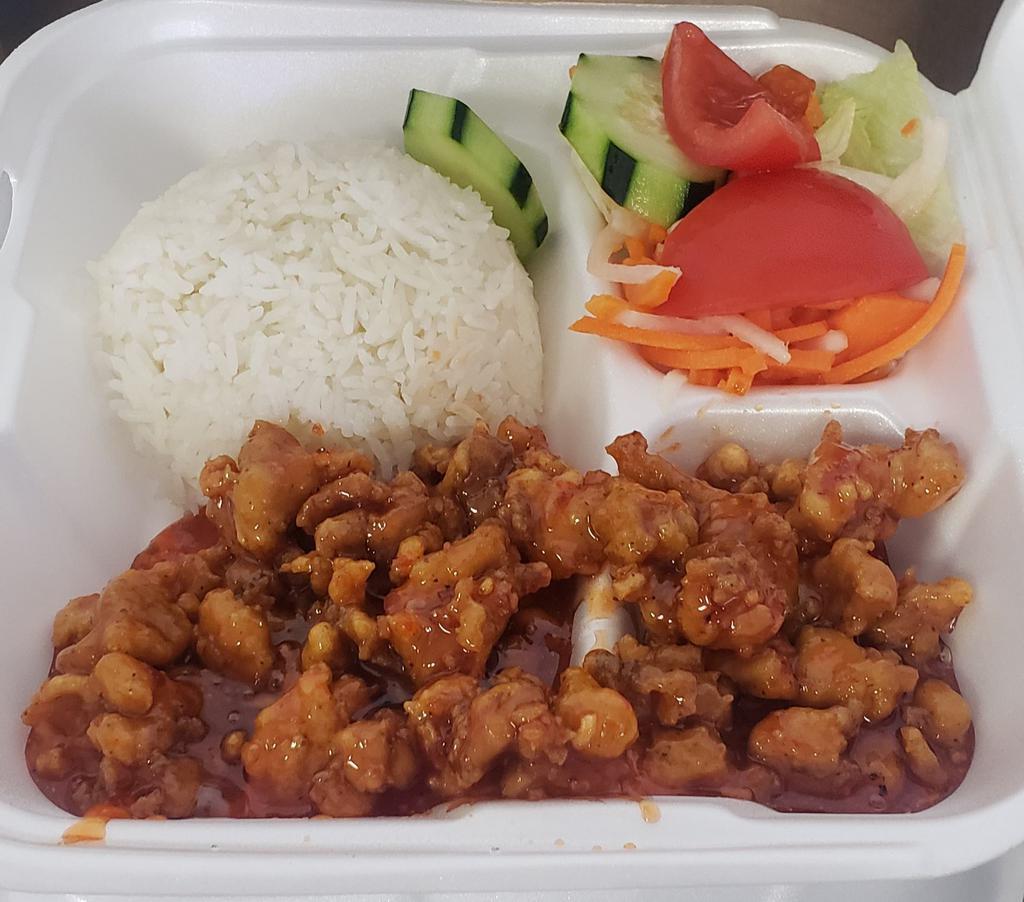 R10. Orange Chicken · comes with a side of steamed rice