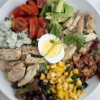 Cobb Salad · Roasted chicken, chopped pepper bacon, Gorgonzola cheese crumbles, cherry tomatoes, sliced K...
