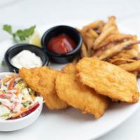 IPA Beer Battered Fish & Chips · Three crispy fried IPA beer battered cod filets served with Napa coleslaw, hand-cut fries an...