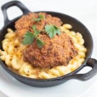 Fried Chicken Mac & Cheese · Cavatappi pasta sautéed with rich Parmesan cream sauce. Baked with cheddar, jack cheeses and...