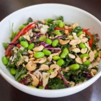 Bamboo's Sesame Kale Salad · kale, red pepper, jicama, fennel, red & green cabbage, currants, arugula; topped with edamam...