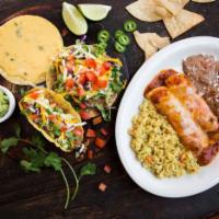 Enchilada, Gringo Taco & Mexican Taco Dinner · Choice of meat for enchilada (rojo o verde), gringo taco, and Mexican taco (corn or flour) s...