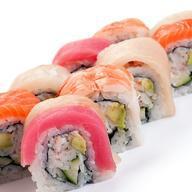 Rainbow  Roll · Tuna, salmon, white tuna, red snapper on top, crab, avocado and cucumber inside. Raw.