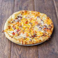 Chicken & Ranch Pizza · Chicken, bacon, tomato, onion, cheddar, mozzarella, and ranch dressing.