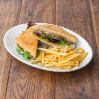 Skirt Steak Panini · Pepper jack cheese, baby greens, and chipotle aioli in grilled ciabatta.