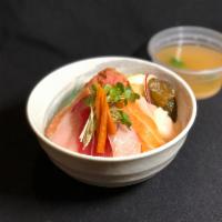 Chirashi (SASHIMI BOWL) · Variety of sashimi over the rice including tuna, yellowtail, salmon, albacore and more