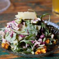 Ensalada de Manzana Dinner · Granny Smith apple salad, radicchio, arugula, candied walnuts, shaved manchego 
cheese, appl...