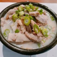 Assorted Pork Soup (돼지국밥) · Daeji gukbop. Porkbelly, jowl meat, and shoulder butt with clear pork broth.