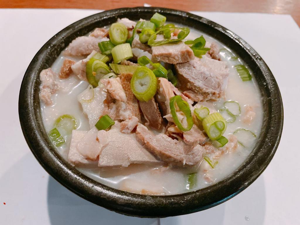 Assorted Pork Soup (돼지국밥) · Daeji gukbop. Porkbelly, jowl meat, and shoulder butt with clear pork broth.
