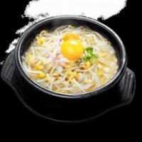 Soy Bean Sprout Soup (콩나물 국밥) · Soy bean sprout, chopped squid, serano pepper, green onion and topped raw egg with our clear...