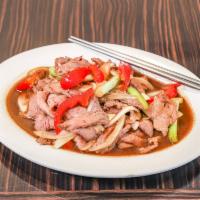 Mongolian Beef · Beef, Red bell pepper, Green onion and  Brown onion stir fried with our signature Mongolian ...
