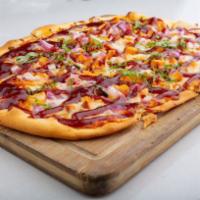 Bbq Chicken Pizza · Chicken, onion, mozzarella, barbecue sauce and marinara. Fresh baked white or wheat flatbread.