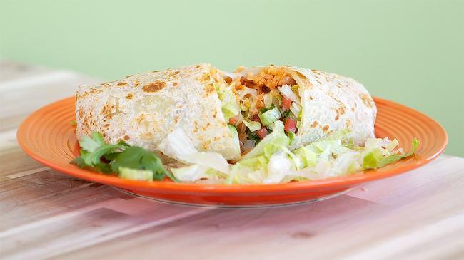 Veggie Burrito · Rice, whole beans, cheese, lettuce, pico de gallo, salsa, sour cream, and avocado