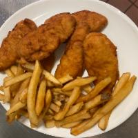 Chicken Fingers with Fries · Breaded or battered crispy chicken.