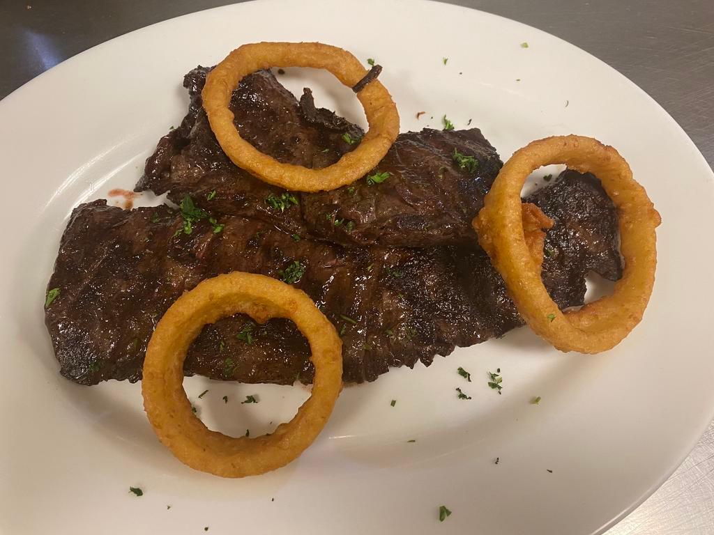Skirt Steak · Comes with onion rings.