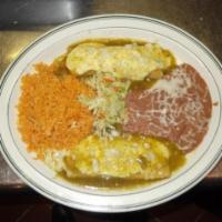 Enchiladas Verdes · Two enchiladas with your choice of chicken, ground beef, picadillo, or cheese topped with gr...