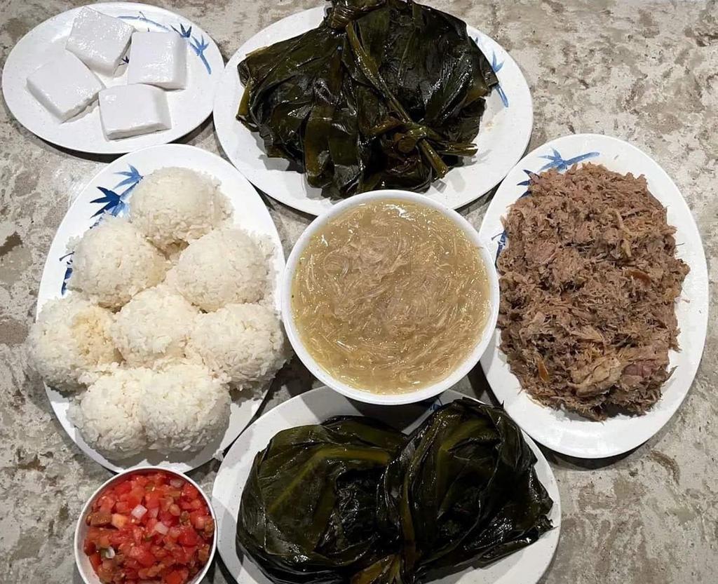 Ohana Pack 2 · Choice of 2: 4 laulau or 32 oz. kalua pig or 32 oz chicken long rice or 32 oz. squid luʻau. Choice of 1: 9 scoops of rice or 6 four. oz containers of poi or 5 scoops of rice and 3 four oz. poi. comes with: 12 oz. lomi salmon, 6 haupia.