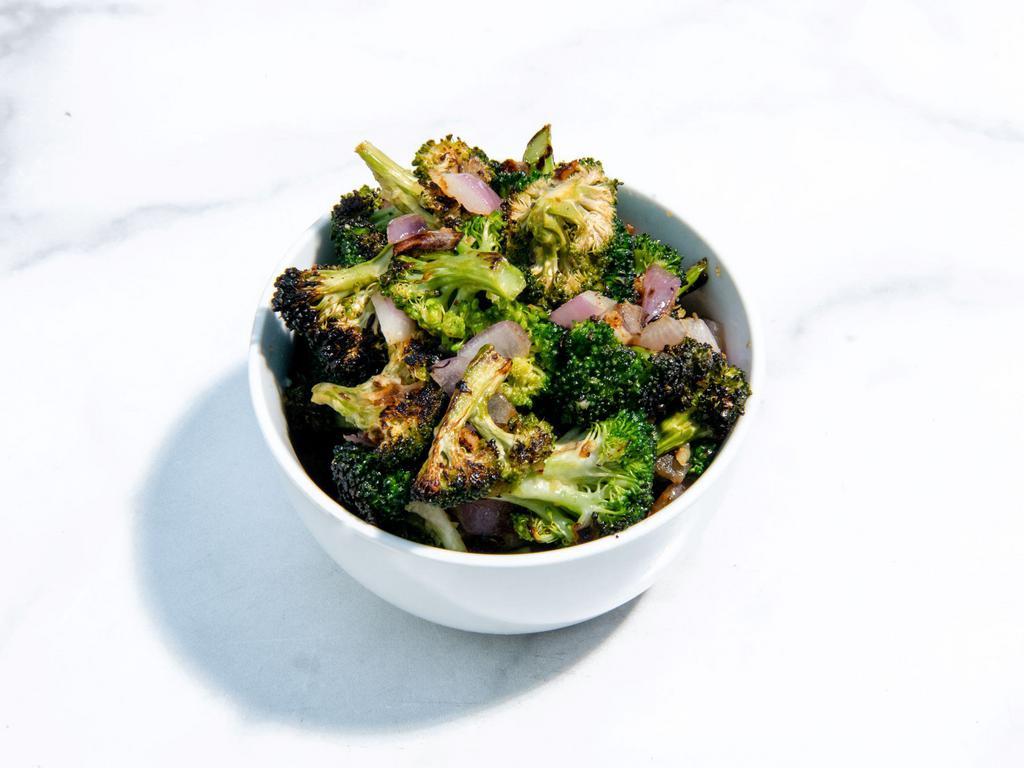 Roasted Broccoli with Ginger Garlic Sauce · Roasted broccoli, red onions, and our house-made ginger garlic sauce. (gluten-free & vegan)