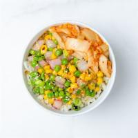 Kimchi Cauliflower Fried Rice · Roasted cauliflower rice, roasted corn, peas, green onions, and sesame seeds sauteed with ou...