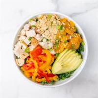 Sesame Chicken Salad · Chopped kale, antibiotic-free roasted chicken, mandarin oranges, avocado, sliced peppers, ro...