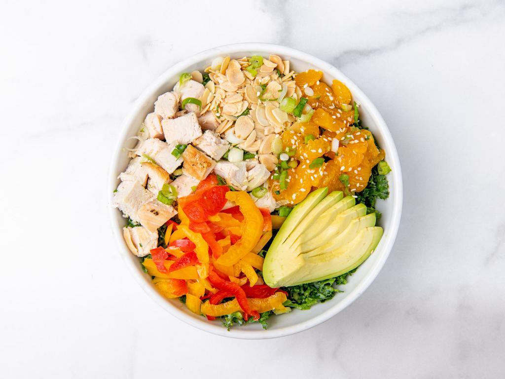 GB’s Chinese Chicken Salad · Chopped kale, antibiotic-free roasted chicken, mandarin oranges, avocado, sliced peppers, roasted almonds, green onions, sesame seeds, and creamy sesame dressing (served on the side). (gluten-free)