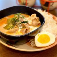 Special Khao Panang Moo · Authentic Panang curry paste, coconut milk, pork tendered, boiled egg, chopped lime leaf, st...