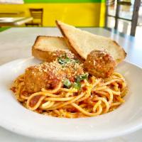 Naples Spaghetti  · Pasta and meat sauce mixed, served with garlic bread.
Add meatball for an additional charge.