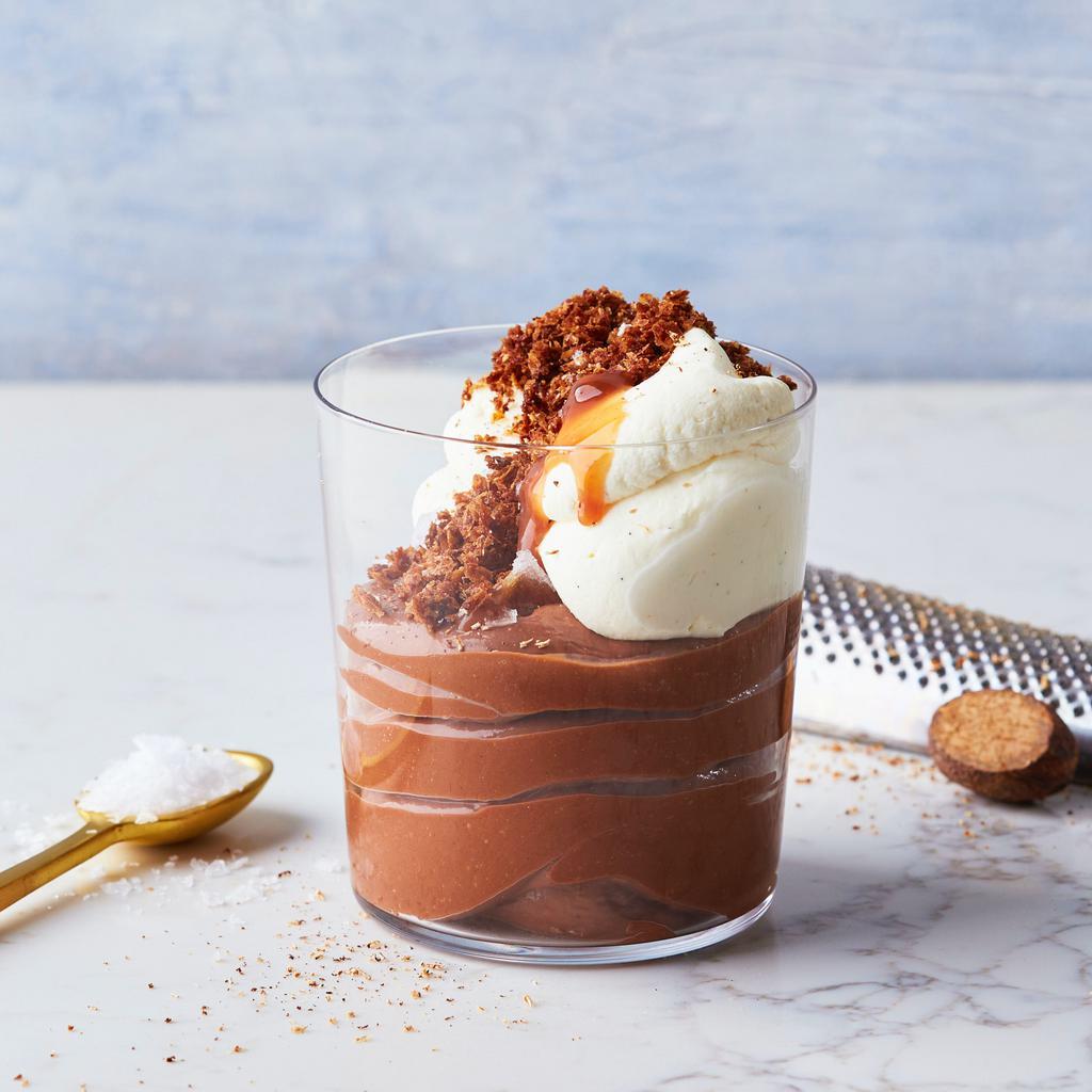 Salt of the Earth Pud · The Salt of the Earth pud is perfect combination of salty and sweet. Enjoy a rich chocolate pudding with malted whipped cream and a salty almond-potato crunch | Allergen: Milk, Egg, Tree Nuts