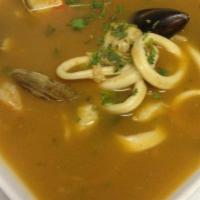 Parihuela Soup · Seafood soup fish, shrimps, calamari, scallops and black mussels.