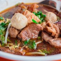 Beef Noodle Soup · Marinated beef, beef ball, bean sprout, scallion in Thai-style beef broth. Served with choic...