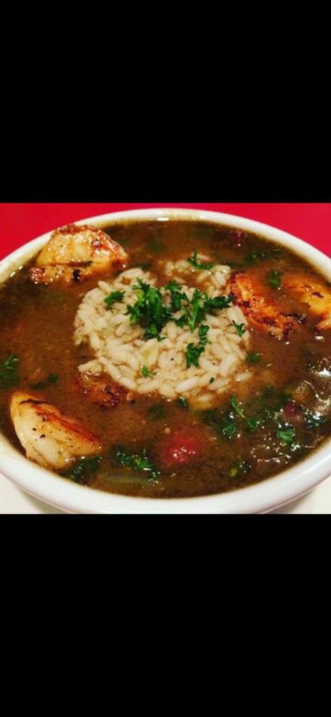 Gumbo Soup · Shrimp, chicken
 and beef sausage served with rice.