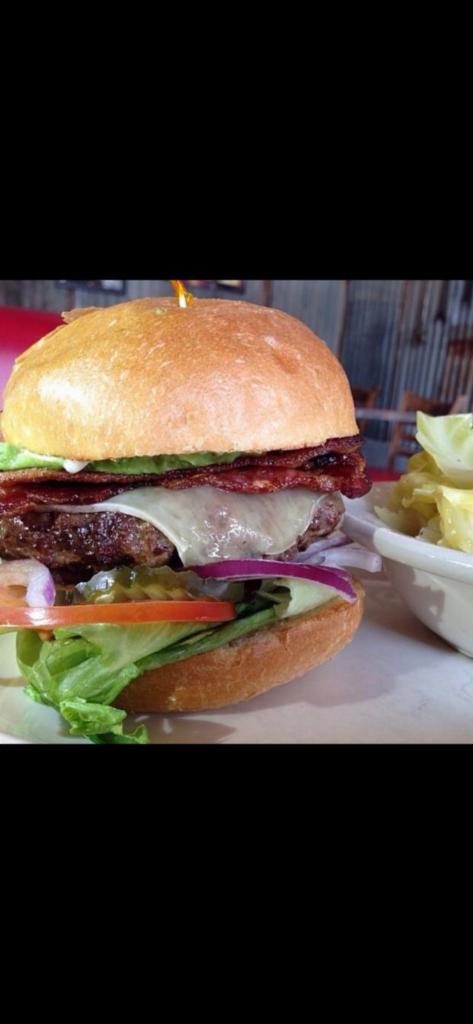 Hamburger · 1/2 lb. fresh ground chuck grilled on an open flame with mayo, mustard, lettuce, tomatoes, onions and pickles. Cheese, bacon and cheese for an additional charge.