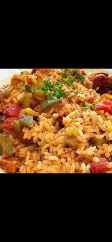 Jambalaya Rice · Rice, shrimp, chicken, and beef sausage sauteed with onions, bell peppers, and tomatoes in a Cajun tomato-based sauce.