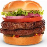Double Classic Burger · 2 1/3lb 100% beef patties, lettuce, tomato, red onion, pickles, mustard, ketchup and mayo.