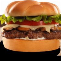 Mushroom Swiss Burger · 1/3 lb. Black Angus beef patty, sauteed mushrooms, Swiss, lettuce, tomato and mayo. Served o...
