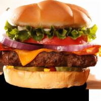 Bacon Cheddar Burger · 1/3lb 100% beef patty, cheddar, smoky bacon, lettuce, tomato, red onion, pickles, mustard, k...