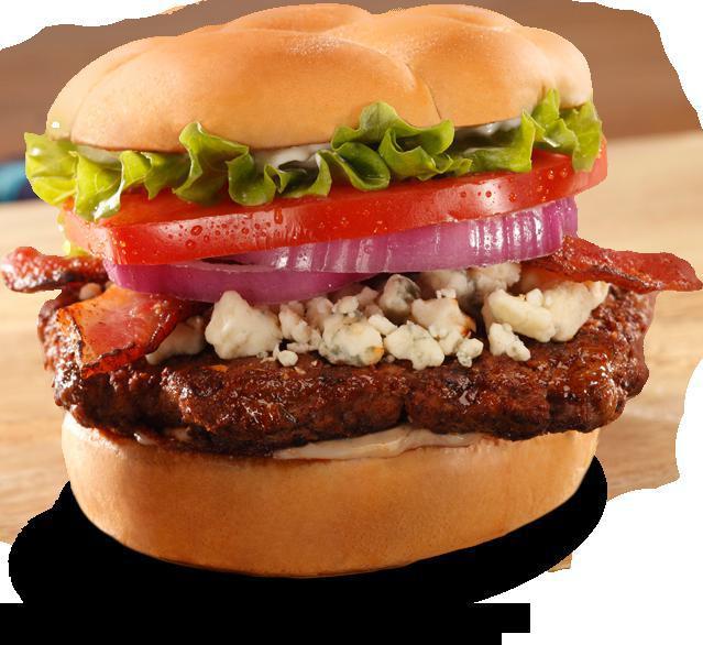 Black and Bleu Burger · Blackened 1/3lb 100% beef patty, crumbled bleu cheese, smoky bacon, lettuce, tomato, red onion and mayo.