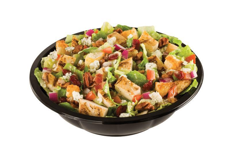 Cranberry Pecan Chicken Salad · Choose from grilled, blackened, or breaded chicken tenders over fresh greens with tomatoes, red onions, dried cranberries, bacon, crumbled bleu cheese, candied pecans, and croutons.