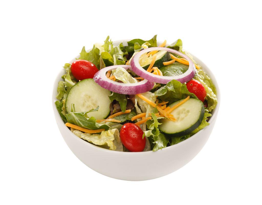 Side House Salad · Fresh greens with ripe tomatoes, shredded cheese, red onion, cucumbers, and croutons.