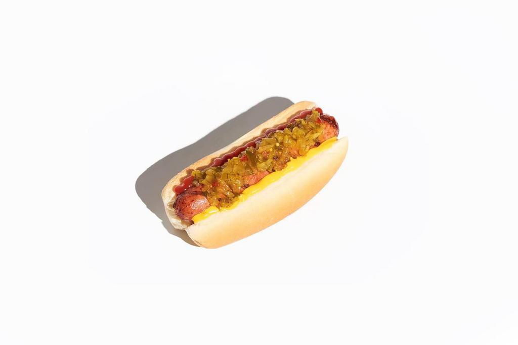 Back Yard Hot Dog · The humble, back yard legend: a juicy all-beef hot dog grilled on an open flame. Topped with ketchup, mustard, and relish.